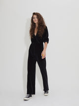 Velour V-Neck Jumpsuit in Black