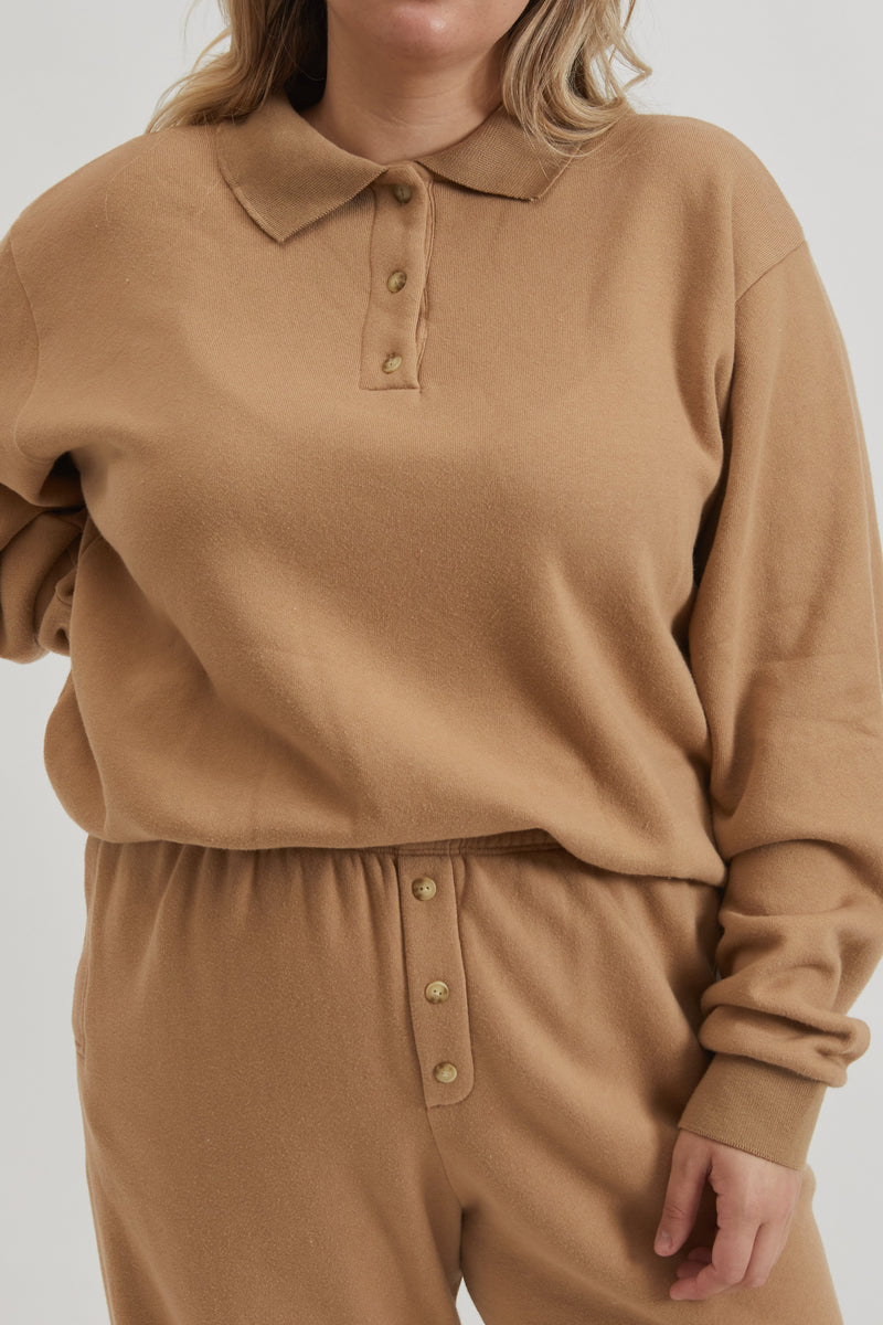 Vintage Fleece Polo Sweatshirt Camel